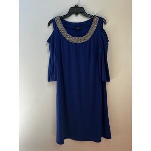 R & M Richards Royal Blue Cold Shoulder Beaded Neckline Dress‎ Size 14
